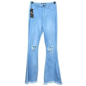 NWT JC & JQ Jeans Blue Light Wash High Rise Flared Distressed Denim Women's M